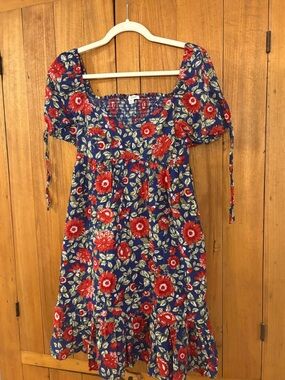 Blu Pepper Floral Puff Sleeve Midi Dress in Navy and Red